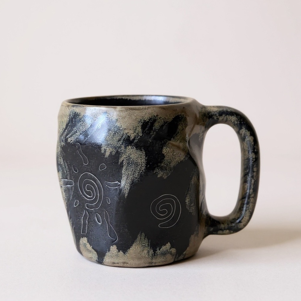 Mara Mexico Coffee Mug Rock Art Sunburst Southwestern Brown Stoneware 20 oz Cup